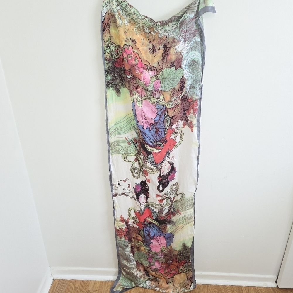 Vintage Japanese Geisha Print Fine Silk Scarf Shawl - Picture 7 of 7
